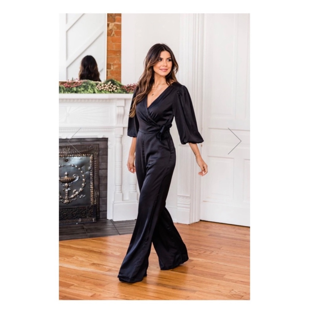 Pink Lily Noticed by You Black Satin Jumpsuit (L)